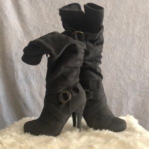Grey faux suede heeled boots